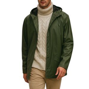 Rains Jacket Men’s XL Green Waterproof Hooded Raincoat Snap Button Travel City